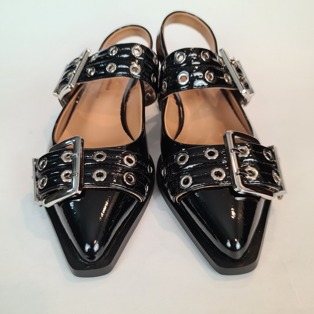 Lunhonk Black Buckle Ballet Slingback Flats 38 US 7/7.5 Punk Chic Grommet Gothic - Picture 2 of 8